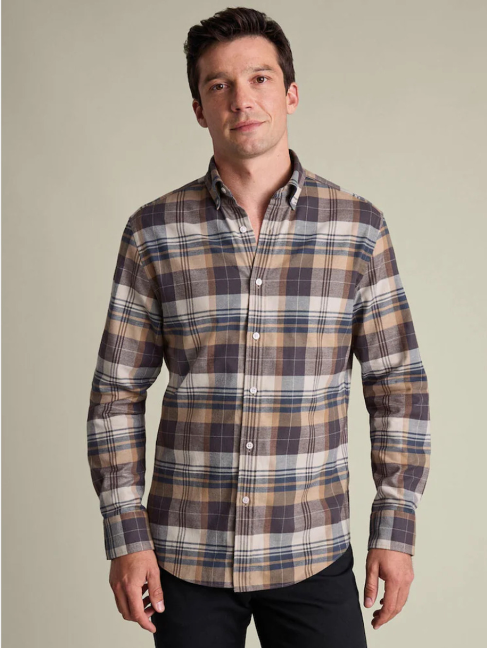 Charles Tyrwhitt Plaid Check Brushed Slim Fit Flannel Shirt Natural XL
